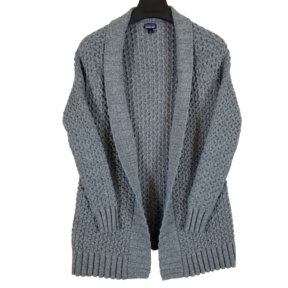 Patagonia Cardigan Sweater Womens M Grey Recycled‎ Cotton Waffle Knit Open Front